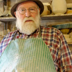 Muchelney Pottery 2014. John Leach’s pottery in Somerset. John turning plates